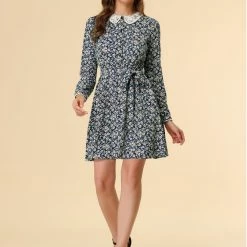 Allegra K Women's Peter Pan Collar Lace Trim Button Long Sleeves Floral Shirt Dress With Belt 54 Allegra K Women's Peter Pan Collar Lace Trim Button Long Sleeves Floral Shirt Dress With Belt