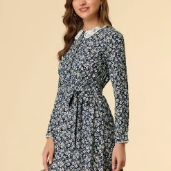 Allegra K Women's Peter Pan Collar Lace Trim Button Long Sleeves Floral Shirt Dress With Belt 55 Allegra K Women's Peter Pan Collar Lace Trim Button Long Sleeves Floral Shirt Dress With Belt