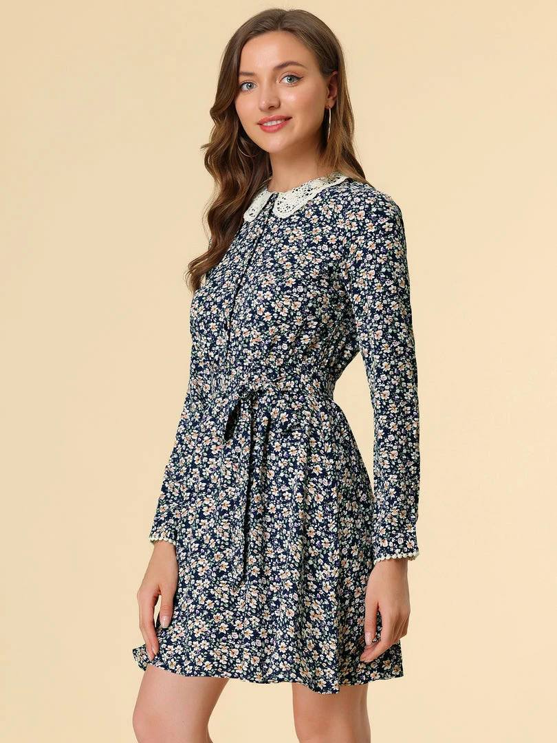 Allegra K Women's Peter Pan Collar Lace Trim Button Long Sleeves Floral Shirt Dress With Belt 25 Allegra K Women's Peter Pan Collar Lace Trim Button Long Sleeves Floral Shirt Dress With Belt