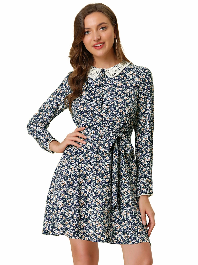 Allegra K Women's Peter Pan Collar Lace Trim Button Long Sleeves Floral Shirt Dress With Belt 22 Allegra K Women's Peter Pan Collar Lace Trim Button Long Sleeves Floral Shirt Dress With Belt