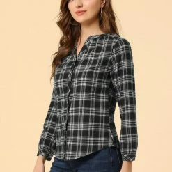 Allegra K Women's Button Up Long Sleeve Shirt Casual Split Neck Plaid Blouse Tops 61 Allegra K Women's Button Up Long Sleeve Shirt Casual Split Neck Plaid Blouse Tops
