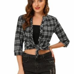 Allegra K Women's Button Up Long Sleeve Shirt Casual Split Neck Plaid Blouse Tops 58 Allegra K Women's Button Up Long Sleeve Shirt Casual Split Neck Plaid Blouse Tops