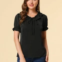 Allegra K Women's Tie V Neck Ruffle Neck Top Puff Sleeve Ruffle Cuff Casual Blouse