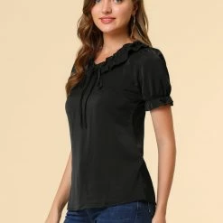 Allegra K Women's Tie V Neck Ruffle Neck Top Puff Sleeve Ruffle Cuff Casual Blouse