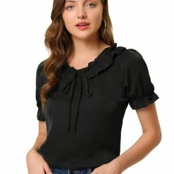 Allegra K Women's Tie V Neck Ruffle Neck Top Puff Sleeve Ruffle Cuff Casual Blouse