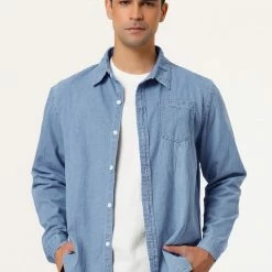 Allegra K Men's Casual Jean Shirts Long Sleeves Button Down Denim Shirt