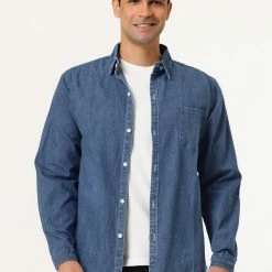 Allegra K Men's Casual Jean Shirts Long Sleeves Button Down Denim Shirt