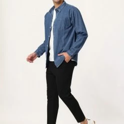 Allegra K Men's Casual Jean Shirts Long Sleeves Button Down Denim Shirt