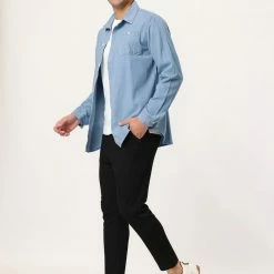 Allegra K Men's Long Sleeve Casual Standard Fit Button Front Denim Shirt