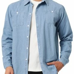 Allegra K Men's Long Sleeve Casual Standard Fit Button Front Denim Shirt
