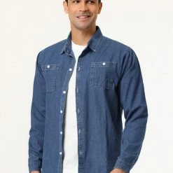 Allegra K Men's Long Sleeve Casual Standard Fit Button Front Denim Shirt