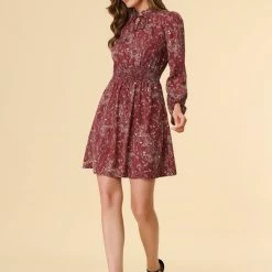 Allegra K Women's Floral Smocked Waist Puff Sleeve Self-Tie Neck Mini Dress