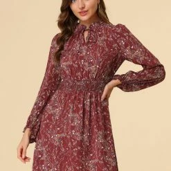 Allegra K Women's Floral Smocked Waist Puff Sleeve Self-Tie Neck Mini Dress