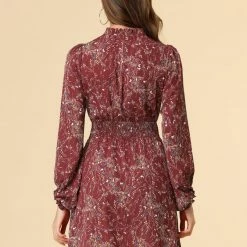 Allegra K Women's Floral Smocked Waist Puff Sleeve Self-Tie Neck Mini Dress