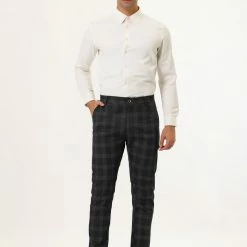 Allegra K Men's Plaid Checks Patterned Flat Front Chino Dress Pants