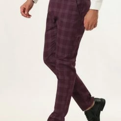 Allegra K Men's Plaid Checks Patterned Flat Front Chino Dress Pants