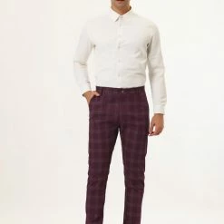 Allegra K Men's Plaid Checks Patterned Flat Front Chino Dress Pants