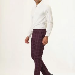 Allegra K Men's Plaid Checks Patterned Flat Front Chino Dress Pants
