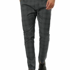 Allegra K Men's Plaid Checks Patterned Flat Front Chino Dress Pants
