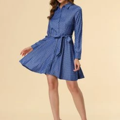 Allegra K Women's Polka Dots Long Sleeve Button Up A Line Shirt Dress 50 Allegra K Women's Polka Dots Long Sleeve Button Up A Line Shirt Dress