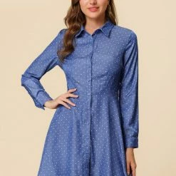 Allegra K Women's Polka Dots Long Sleeve Button Up A Line Shirt Dress 52 Allegra K Women's Polka Dots Long Sleeve Button Up A Line Shirt Dress