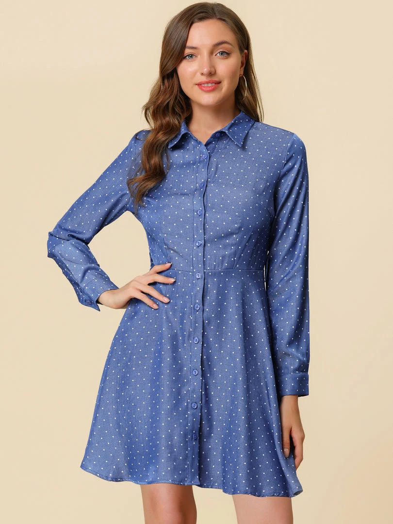 Allegra K Women's Polka Dots Long Sleeve Button Up A Line Shirt Dress 27 Allegra K Women's Polka Dots Long Sleeve Button Up A Line Shirt Dress