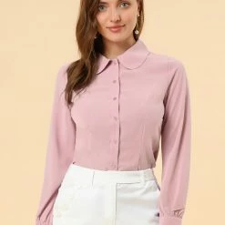 Allegra K Women's Button Up Shirt Career Peter Pan Collar Long Bishop Sleeve Blouse