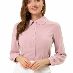 Allegra K Women's Button Up Shirt Career Peter Pan Collar Long Bishop Sleeve Blouse