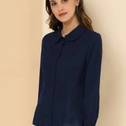 Allegra K Women's Button Up Shirt Career Peter Pan Collar Long Bishop Sleeve Blouse