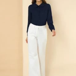 Allegra K Women's Button Up Shirt Career Peter Pan Collar Long Bishop Sleeve Blouse