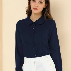 Allegra K Women's Button Up Shirt Career Peter Pan Collar Long Bishop Sleeve Blouse