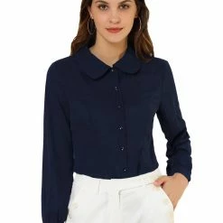 Allegra K Women's Button Up Shirt Career Peter Pan Collar Long Bishop Sleeve Blouse
