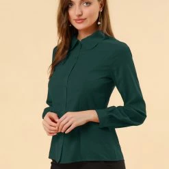 Allegra K Women's Button Up Shirt Career Peter Pan Collar Long Bishop Sleeve Blouse