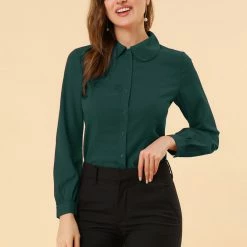 Allegra K Women's Button Up Shirt Career Peter Pan Collar Long Bishop Sleeve Blouse