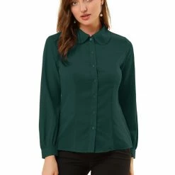 Allegra K Women's Button Up Shirt Career Peter Pan Collar Long Bishop Sleeve Blouse