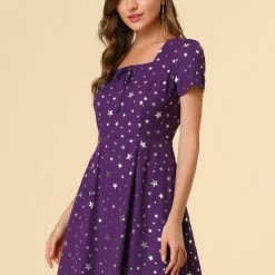 Allegra K Star Print Casual Square Neck Short Sleeve A-Line Dress