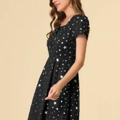 Allegra K Star Print Casual Square Neck Short Sleeve A-Line Dress