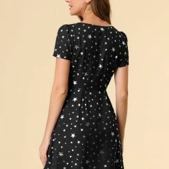 Allegra K Star Print Casual Square Neck Short Sleeve A-Line Dress