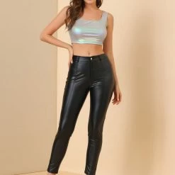 Allegra K Women's U Neck Sleeveless Party Clubwear Shiny Metallic Crop Top