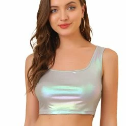 Allegra K Women's U Neck Sleeveless Party Clubwear Shiny Metallic Crop Top