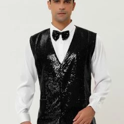Allegra K Men's Disco Shiny Sequin Vest Sleeveless Suit Waistcoat Set With Bow Tie