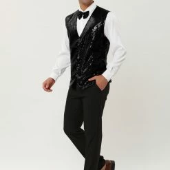 Allegra K Men's Disco Shiny Sequin Vest Sleeveless Suit Waistcoat Set With Bow Tie