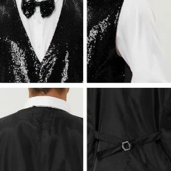 Allegra K Men's Disco Shiny Sequin Vest Sleeveless Suit Waistcoat Set With Bow Tie