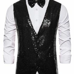 Allegra K Men's Disco Shiny Sequin Vest Sleeveless Suit Waistcoat Set With Bow Tie