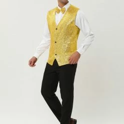 Allegra K Men's Disco Shiny Sequin Vest Sleeveless Suit Waistcoat Set With Bow Tie