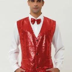 Allegra K Men's Disco Shiny Sequin Vest Sleeveless Suit Waistcoat Set With Bow Tie