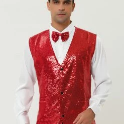 Allegra K Men's Disco Shiny Sequin Vest Sleeveless Suit Waistcoat Set With Bow Tie