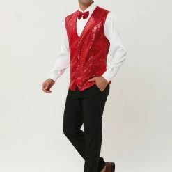 Allegra K Men's Disco Shiny Sequin Vest Sleeveless Suit Waistcoat Set With Bow Tie