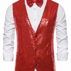 Allegra K Men's Disco Shiny Sequin Vest Sleeveless Suit Waistcoat Set With Bow Tie