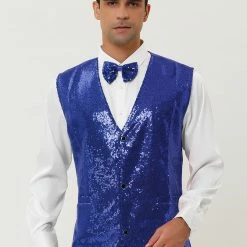 Allegra K Men's Disco Shiny Sequin Vest Sleeveless Suit Waistcoat Set With Bow Tie